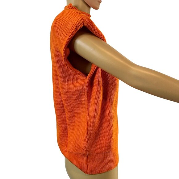 Women Sweater Shoulder Pad Knit Vest Medium Orange High Neck Cotton Top Knit - Picture 5 of 16